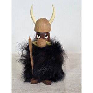 Vintage Danish Viking Wooden Statue Figurine Denmark Souvenir Spear Horn Helmet